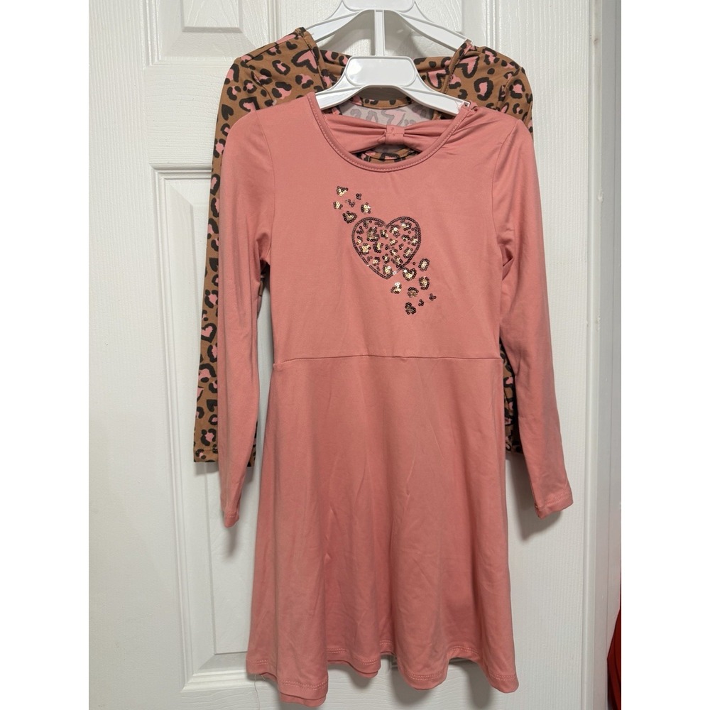 Btween Girls Fit & Flare Pink Long Sleeve Sequin Heart Bow Leopard Dress 6